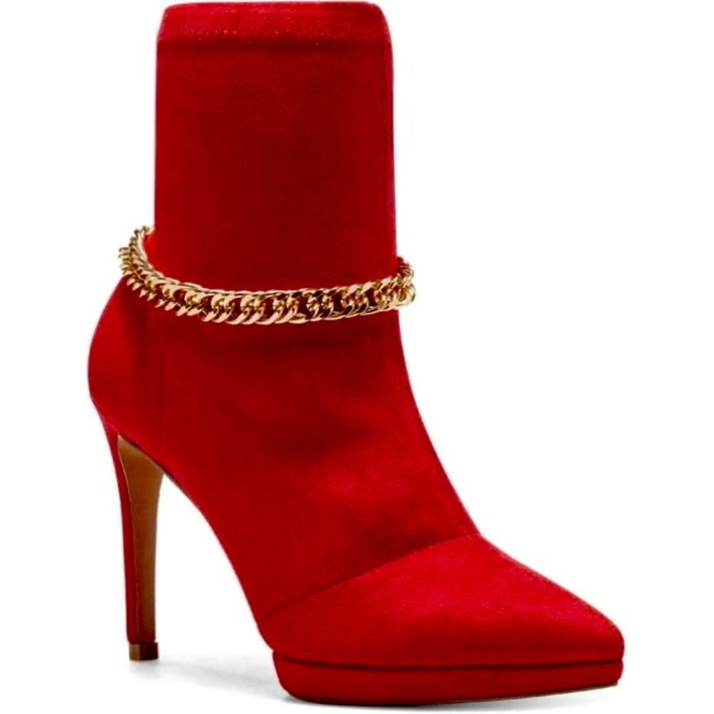 Elegant Red Ankle Boots with Gold Chain